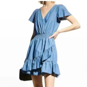 Michael Kors Women's Smocked Wrap Mini Dress Medium Blue Casual‎ Flowy Ruffles